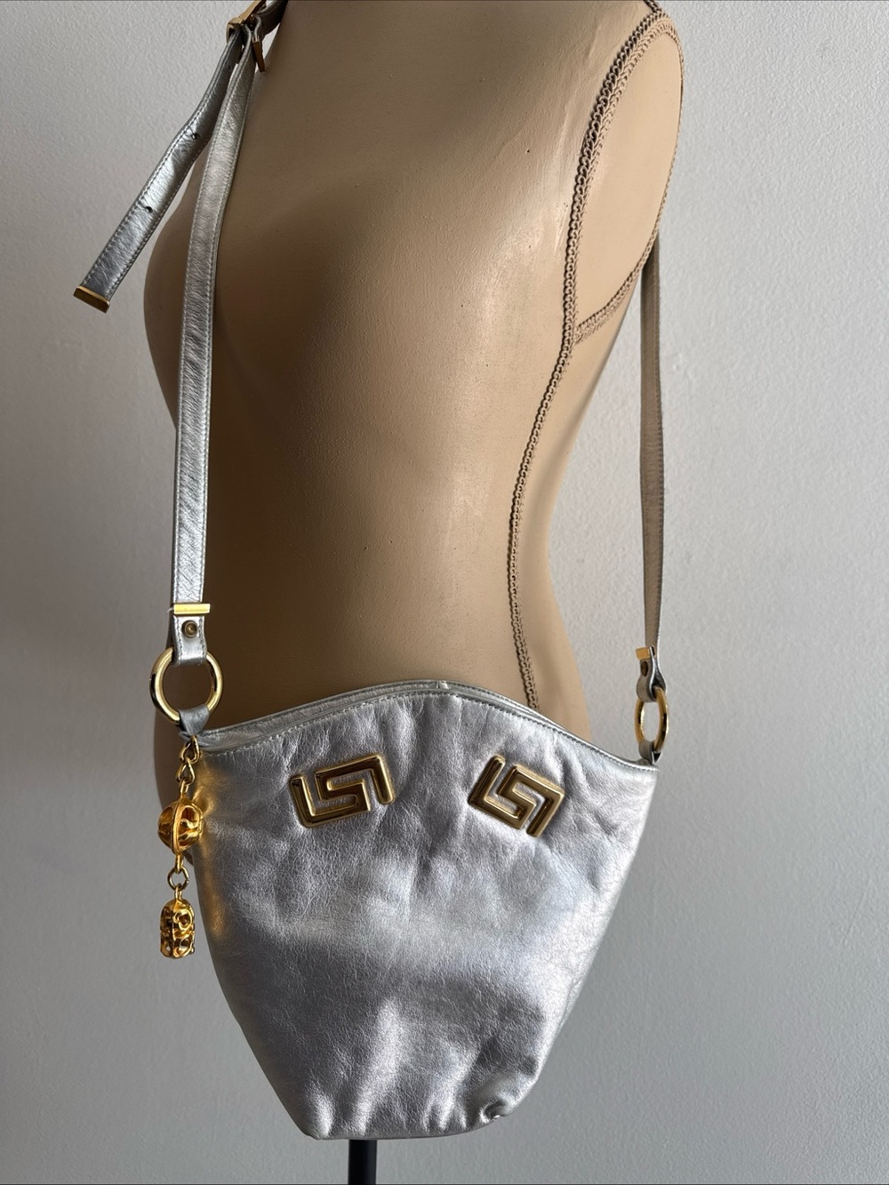 Silver Metallic Crossbody Bag with Gold Hardware